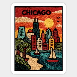Chicago Skyline Linocut Poster | Vintage Lake Michigan Souvenir Magnet